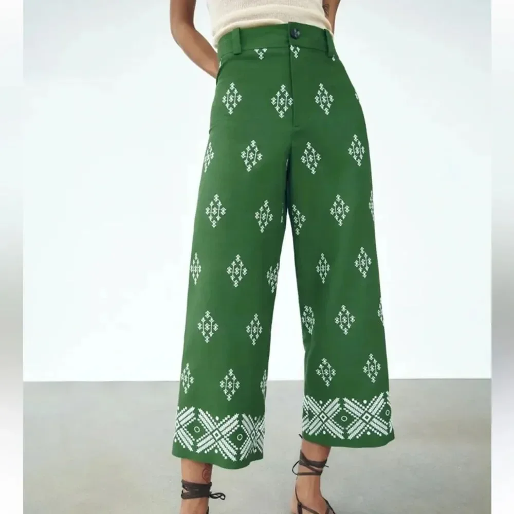 Zara Green Embroidered Linen Blend Wide Leg Cropped Pants High Waist Boho M